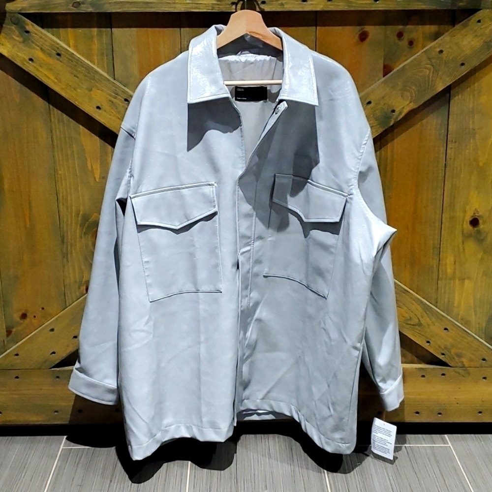 NEW MENS ASOS DESIGN ICY GRAY FAUX LEATHER CROC OVERSIZED SHACKET SIZE MEDIUM - Picture 3 of 15